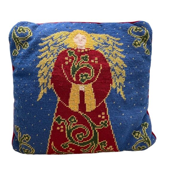 Pier 1 Needlepoint Christmas Angel Red Blue Wool Velour Pillow Holiday 13" - Picture 1 of 4